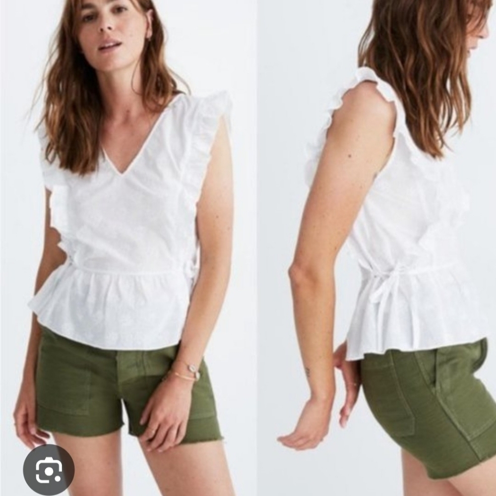 Madewell Side Tie Ruffle Peplum White Cotton Top Blouse XS